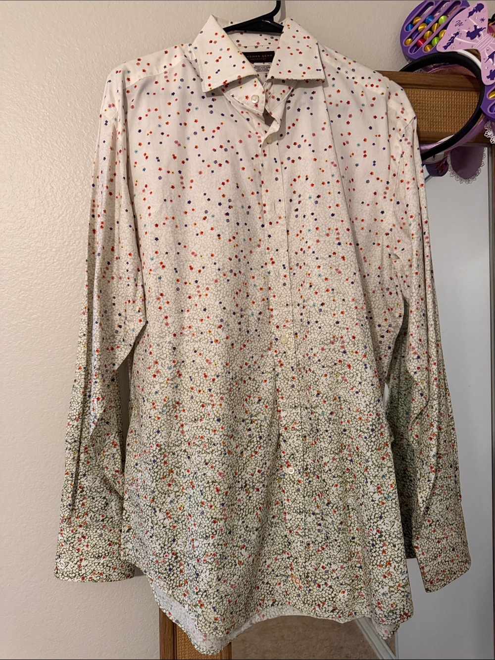 Thomas Dean White Long-Sleeve Shirt with Multicolor Confetti Print